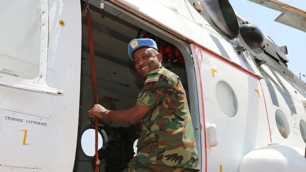 UNISFA Force Commander as he boarded the helicopter on his way back to Abyei from Diffra after meeting the Misseriya leaders on 12 February 2017.